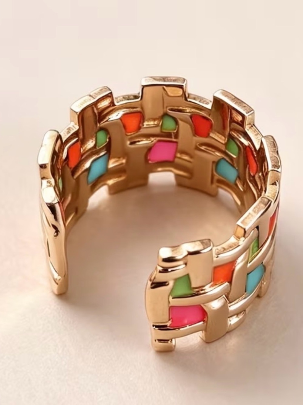Gold-Tone Multicolor Enamel Wide Link Ring - Picture 2 of 4